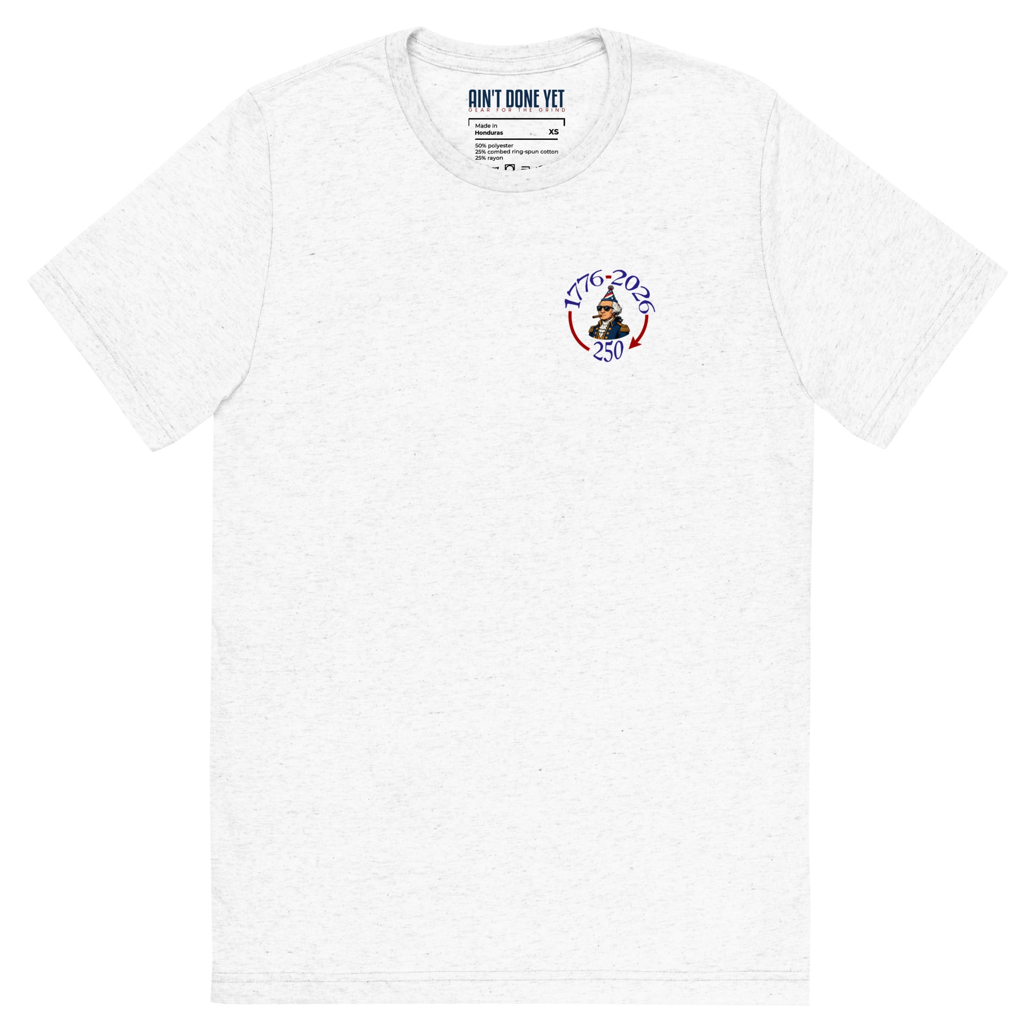 Still Partying America 250 white t-shirt featuring George Washington wearing a birthday hat and sunglasses with a cigar, commemorating America's 250th anniversary.