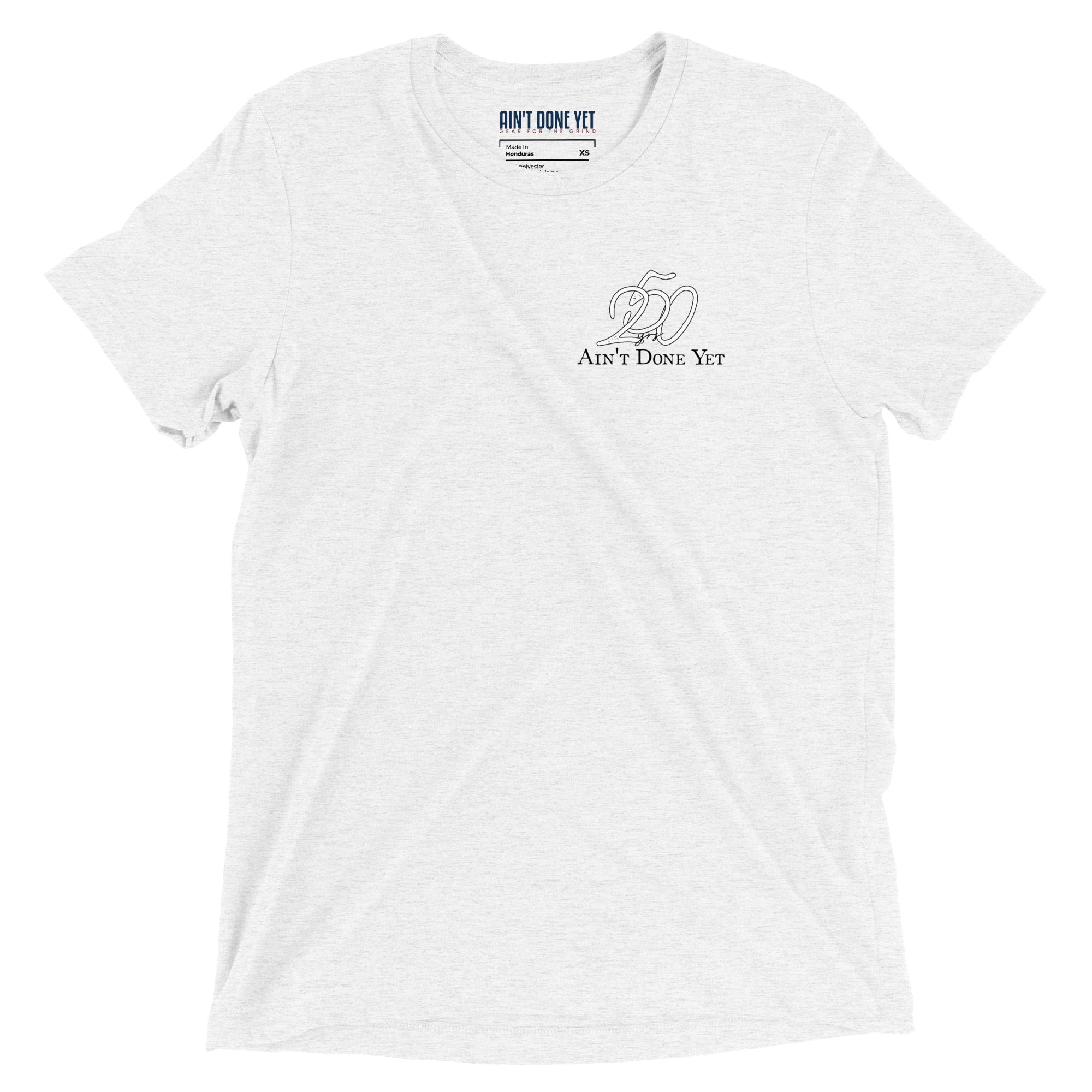 America 250 white t-shirt featuring distressed 250 graphic integrated with the Ain't Done Yet logo in a clean patriotic design.
