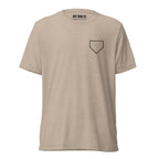 Ain’t Done Yet Middle Middle baseball tee featuring home plate graphic and baseball seam design on a lightweight tri-blend shirt.