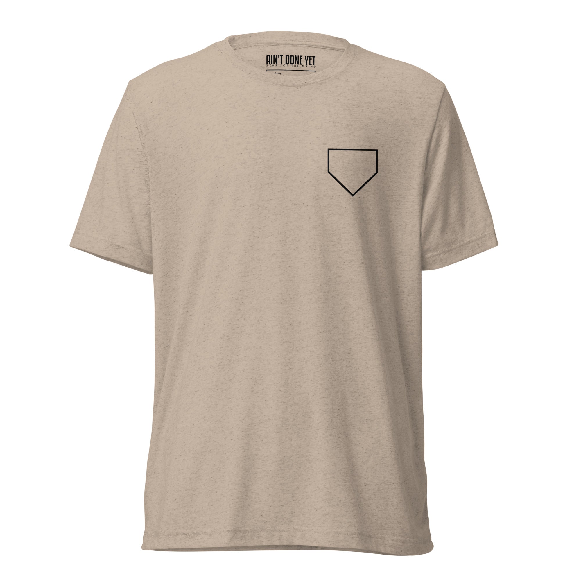 Ain’t Done Yet Middle Middle baseball tee featuring home plate graphic and baseball seam design on a lightweight tri-blend shirt.