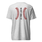 Ain’t Done Yet Middle Middle baseball tee featuring home plate graphic and baseball seam design on a lightweight tri-blend shirt.