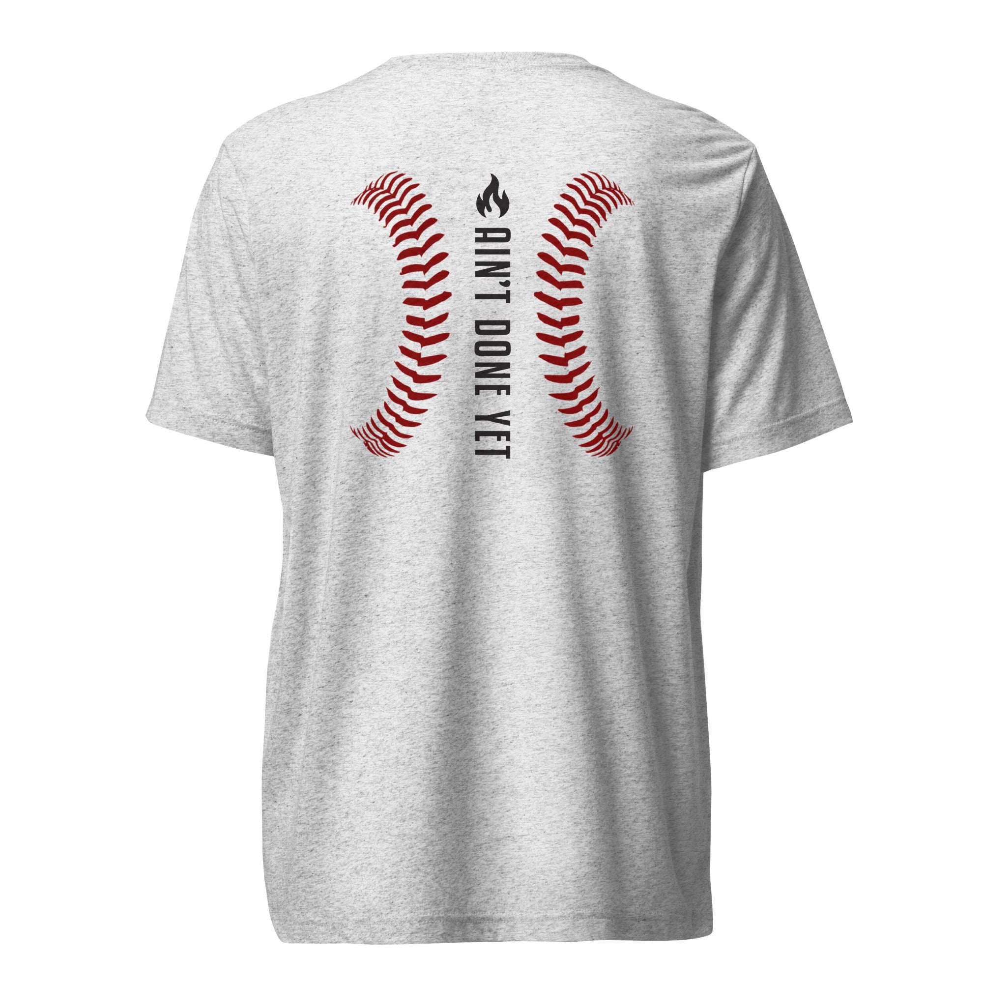 Ain’t Done Yet Middle Middle baseball tee featuring home plate graphic and baseball seam design on a lightweight tri-blend shirt.