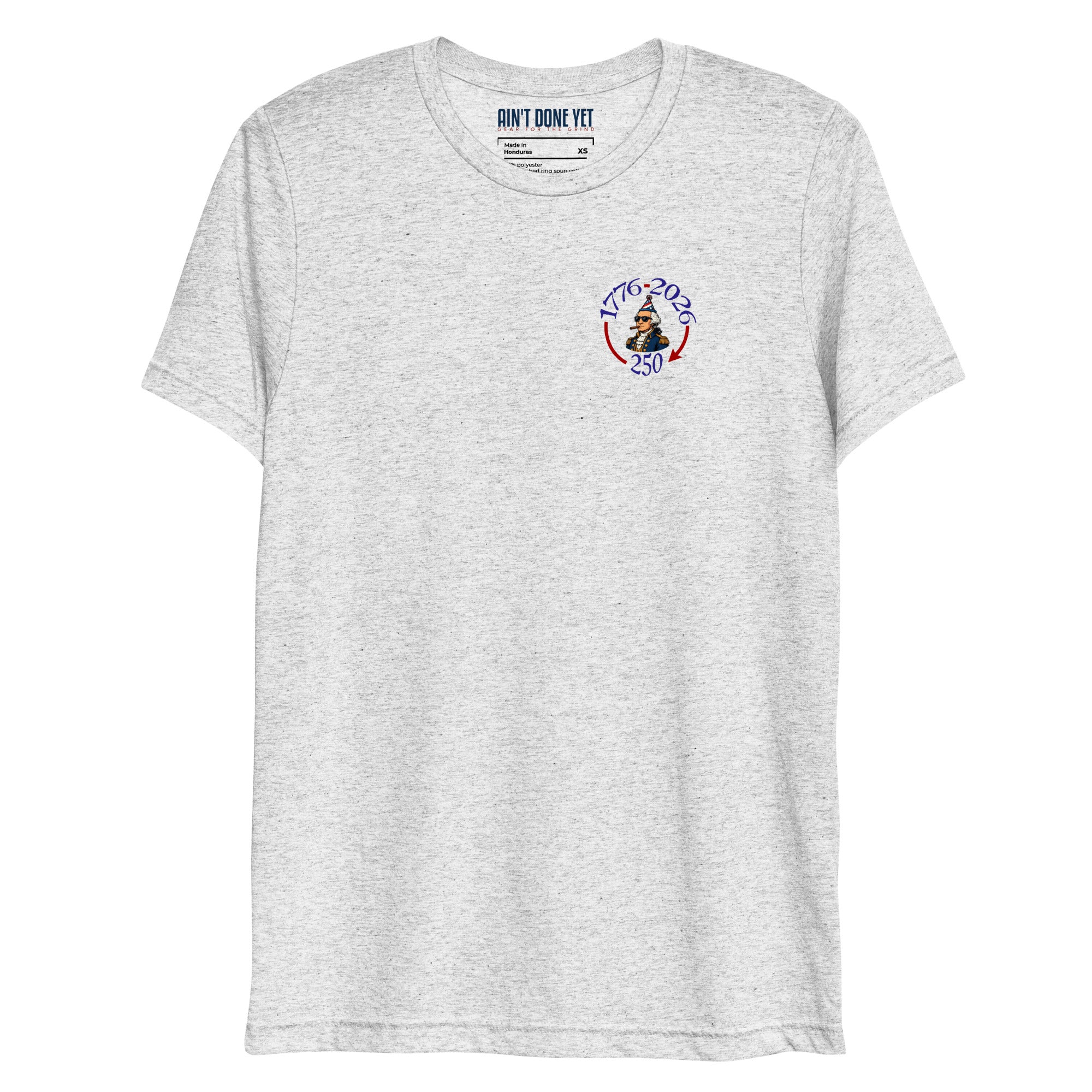 Still Partying America 250 white fleck t-shirt featuring George Washington wearing a birthday hat and sunglasses with a cigar, commemorating America's 250th anniversary.