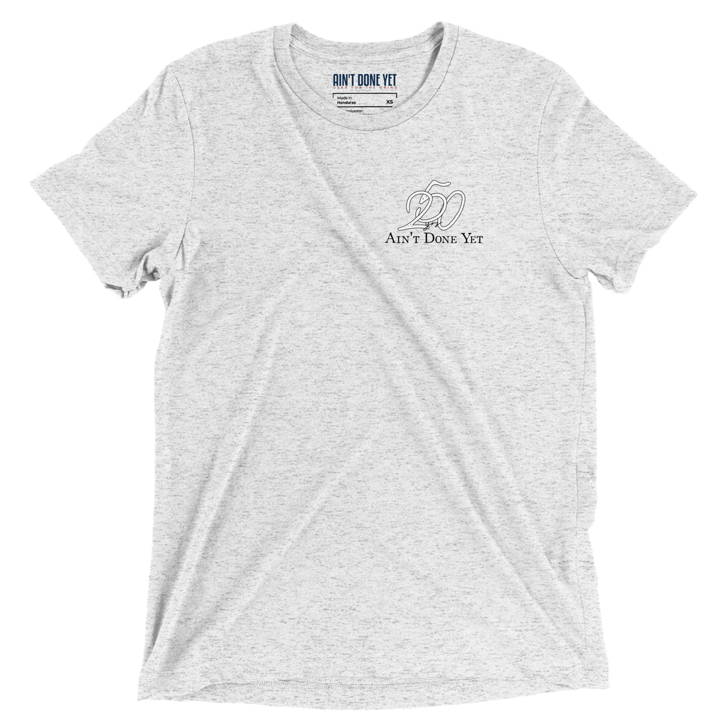 America 250 white fleck t-shirt featuring distressed 250 graphic integrated with the Ain't Done Yet logo in a clean patriotic design.