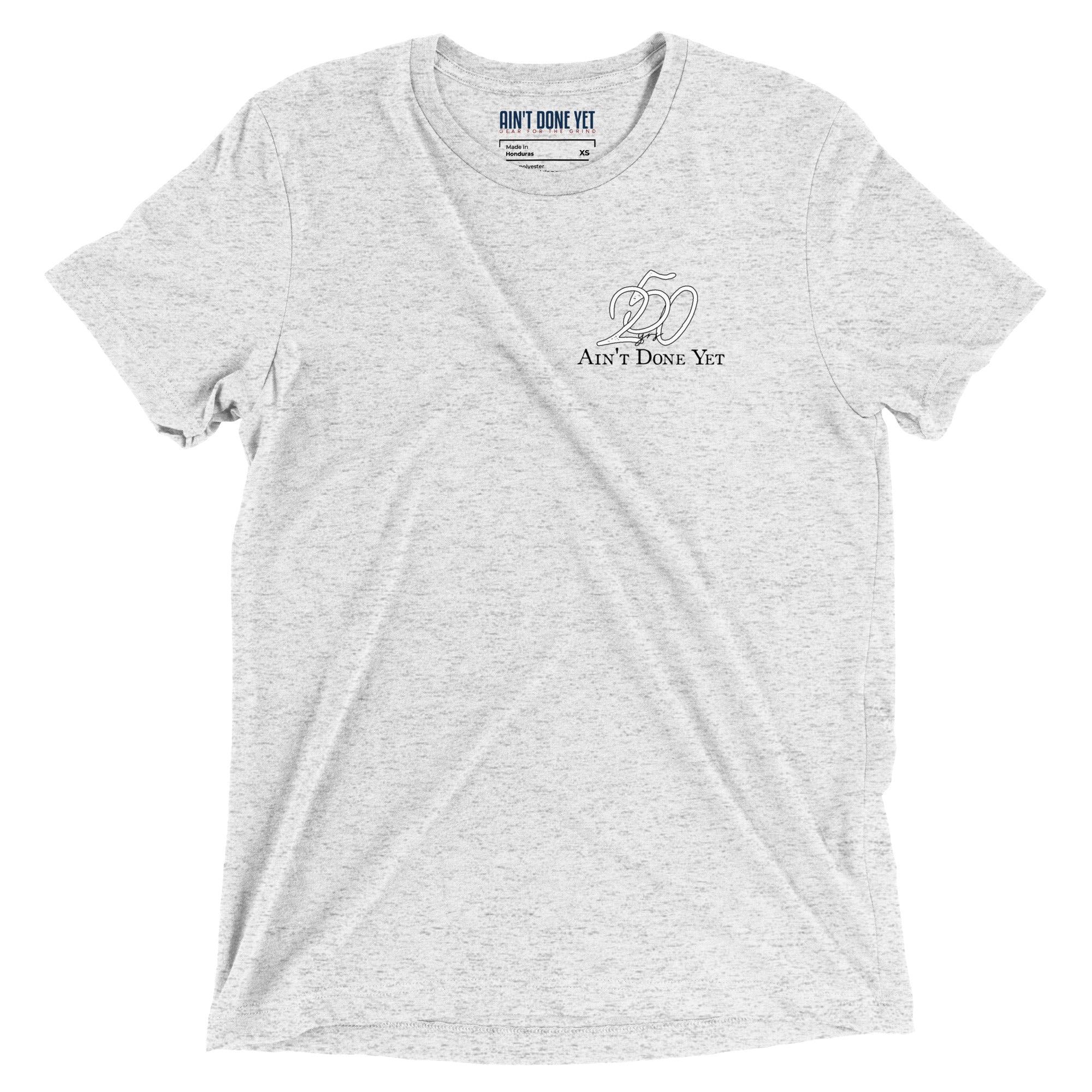 America 250 white fleck t-shirt featuring distressed 250 graphic integrated with the Ain't Done Yet logo in a clean patriotic design.